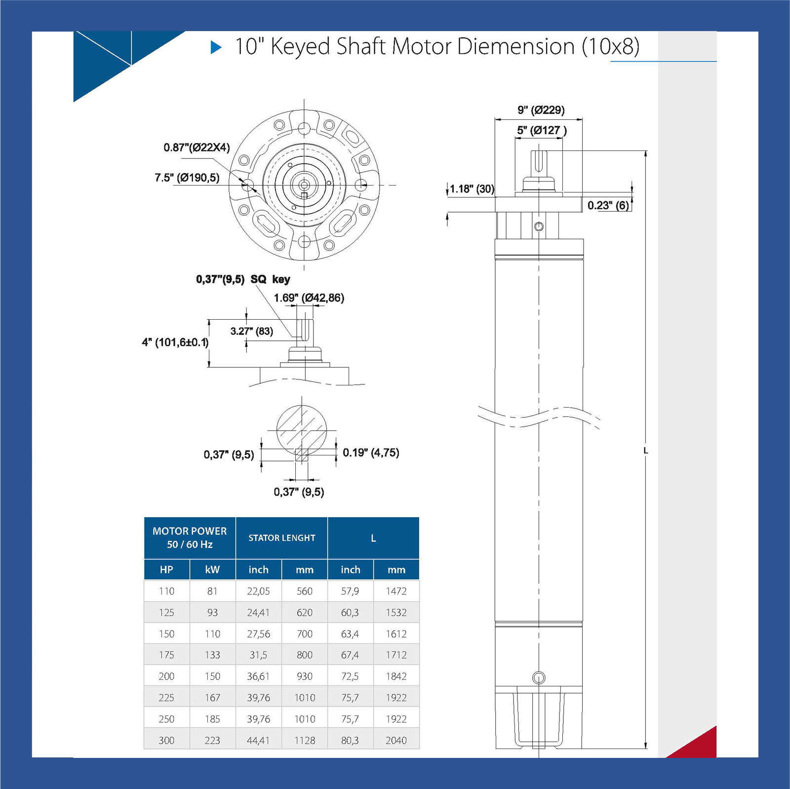 10" 10x8 avrupa tipi kamalı şaft dalgiç motor